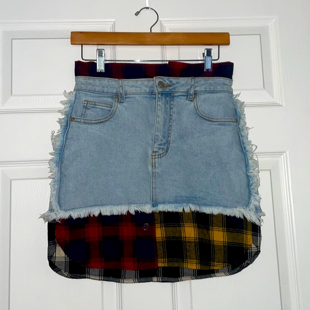 Akira Distressed Denim Plaid Patchwork Size Med